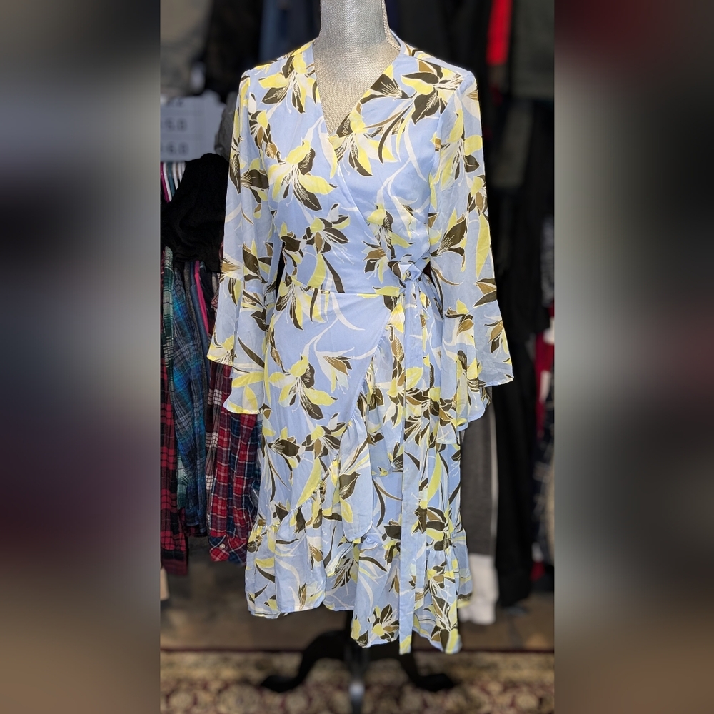 Floral Wrap Dress in Blue and Yellow